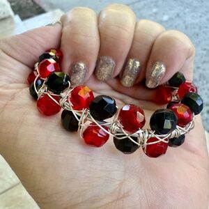 Black & Red Faceted Beaded Open Bangle Cuff